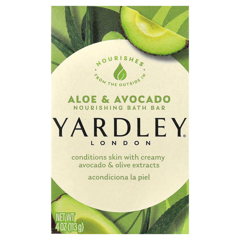 Yardley London Aloe Avocado bath bar close-up shows creamy lather and natural extracts.