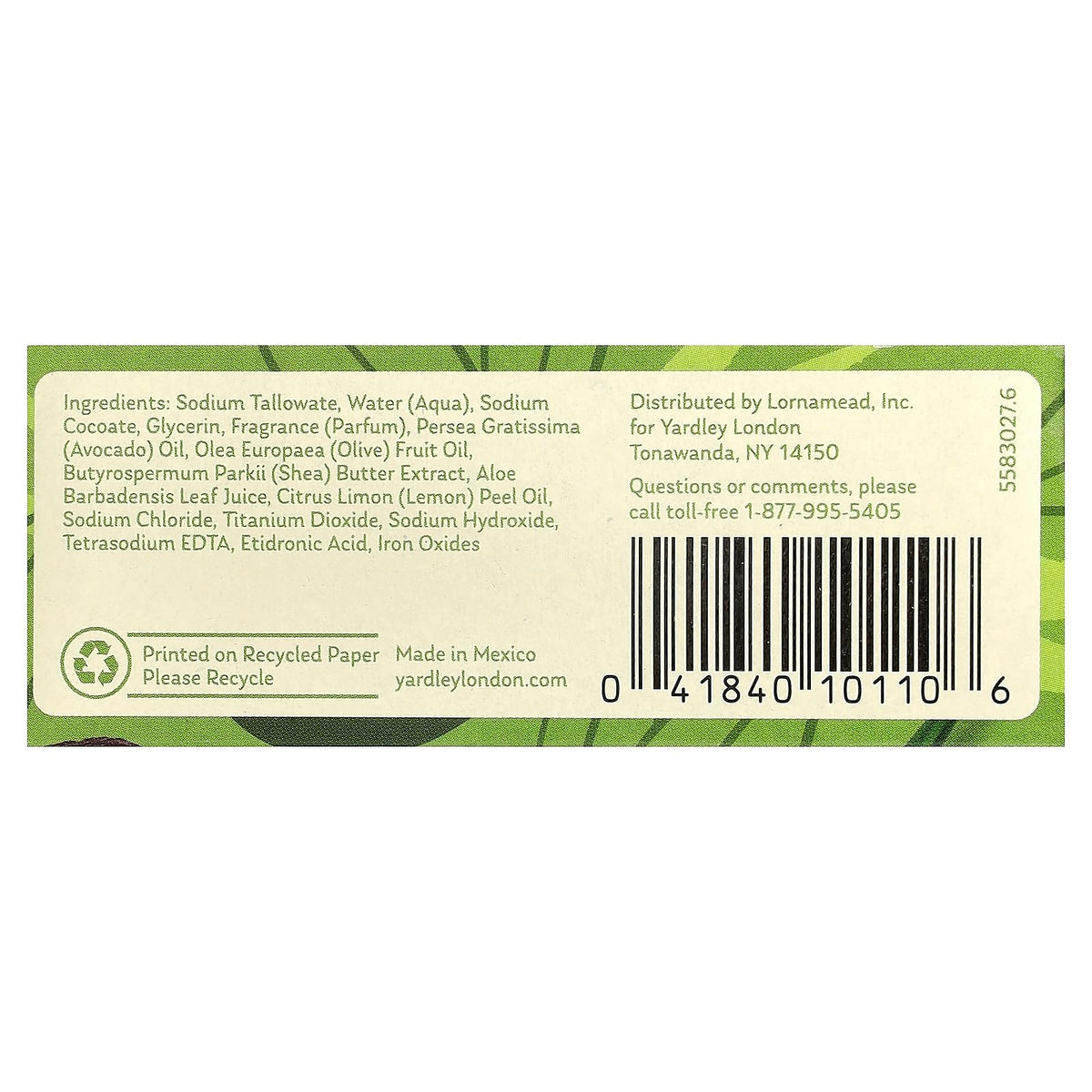 Yardley London Aloe Avocado bar with visible avocado leaves and aloe for nourishing cleanse.
