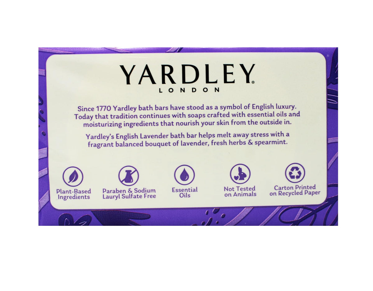 Boxed Yardley soaps display showing six boxes for long-lasting supply.