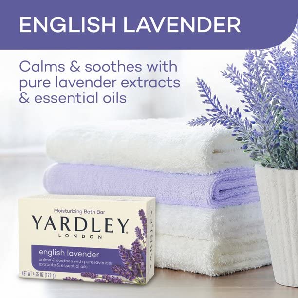 Yardley London English Lavender soap bar close-up of lavender extracts and oils.