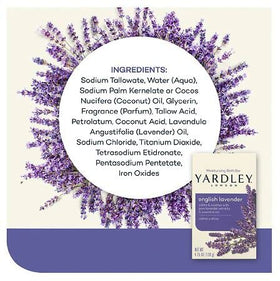 Yardley London English Lavender soap bar close-up of natural lavender extracts.