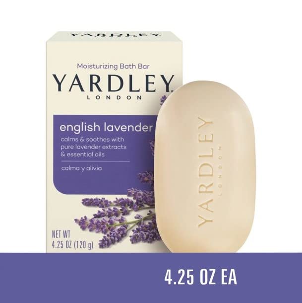 Yardley London English Lavender soap bar in a spa-like setting.