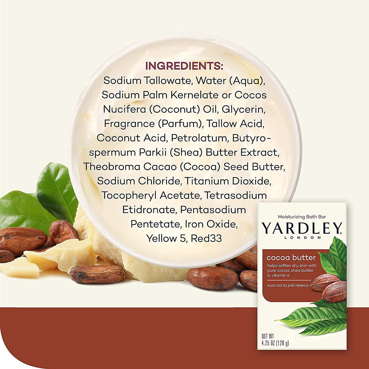 Yardley bar in bath setting demonstrating skin-softening during cleansing