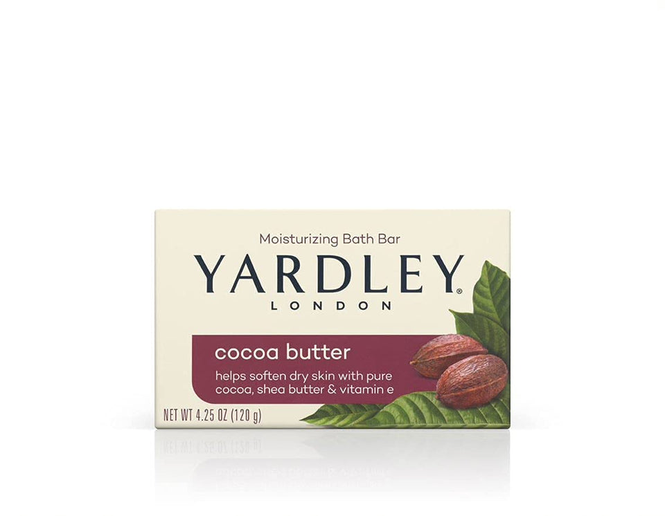 Yardley moisturizing bar cocoa butter front view showing packaging and rich moisture