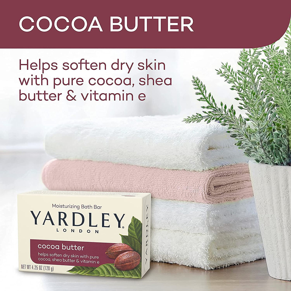 Yardley bar ingredients highlighted including cocoa butter and vitamin E