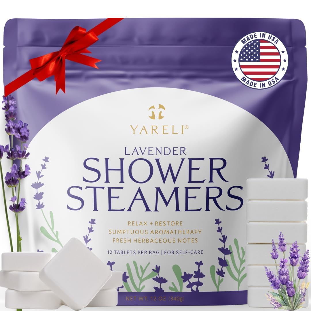 Yareli lavender shower steamers pack on bathroom counter for relaxing ritual