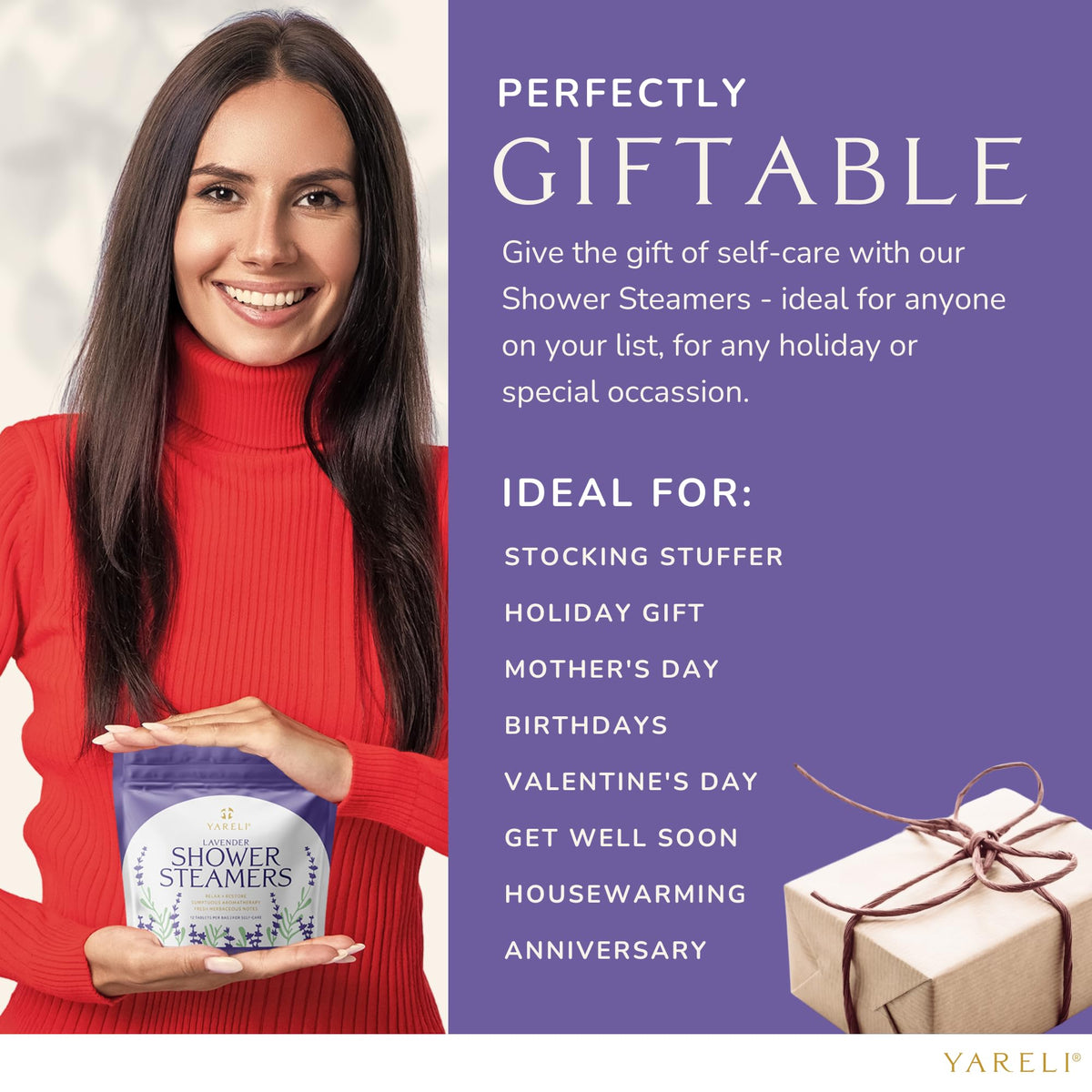 Yareli lavender steamers packaging and label highlighting dye-free formula