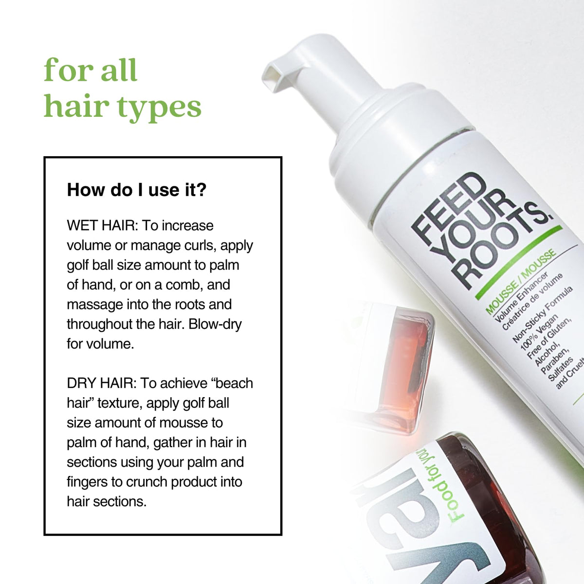 Easy root massage action showing volume styling with Yarok mousse.
