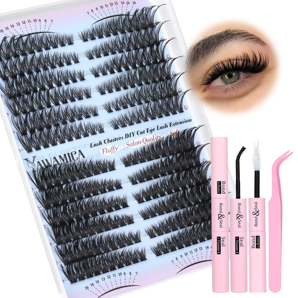 Yawamica lash clusters 50D-80D for cat-eye look, easy DIY lash extensions.