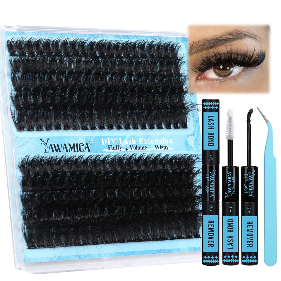 Yawamica lash extension kit with fluffy 150d-200d clusters for natural volume.