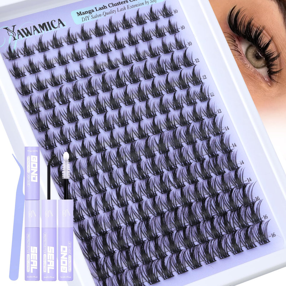 Yawamica manga lash clusters kit box showing full setup for at-home DIY lash options