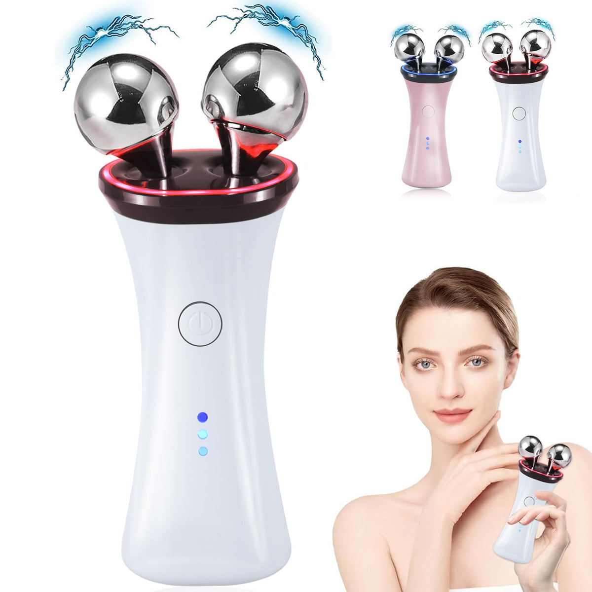 Yawpig microcurrent facial device front view with dual rotating massage balls for facial toning.