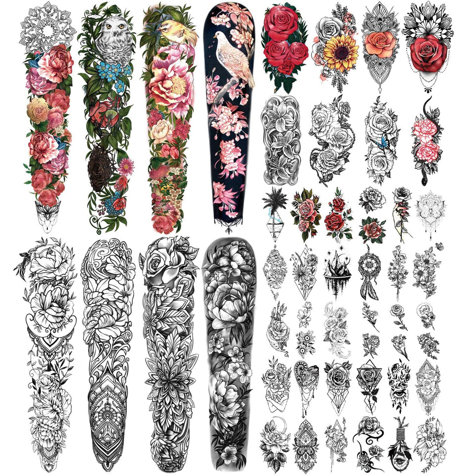Yazhiji 46-sheet full-arm tattoo pack features bold florals for party-friendly body art.