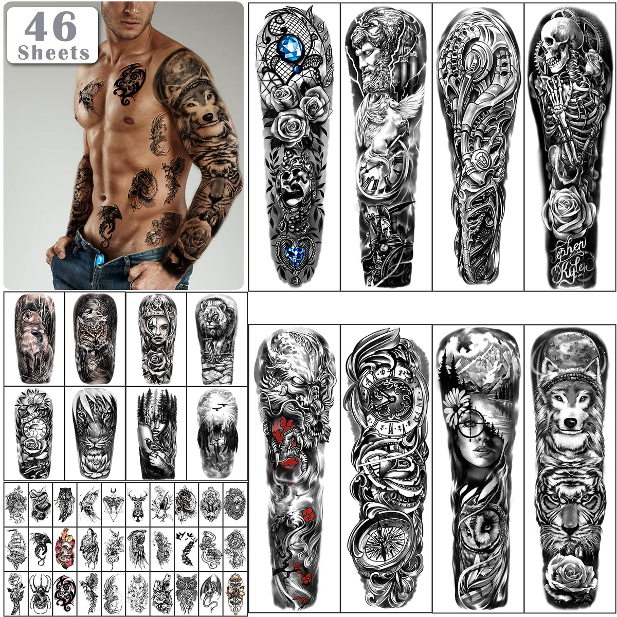 Yazhiji 46-sheets full-arm skull tattoos for versatile arm styling.