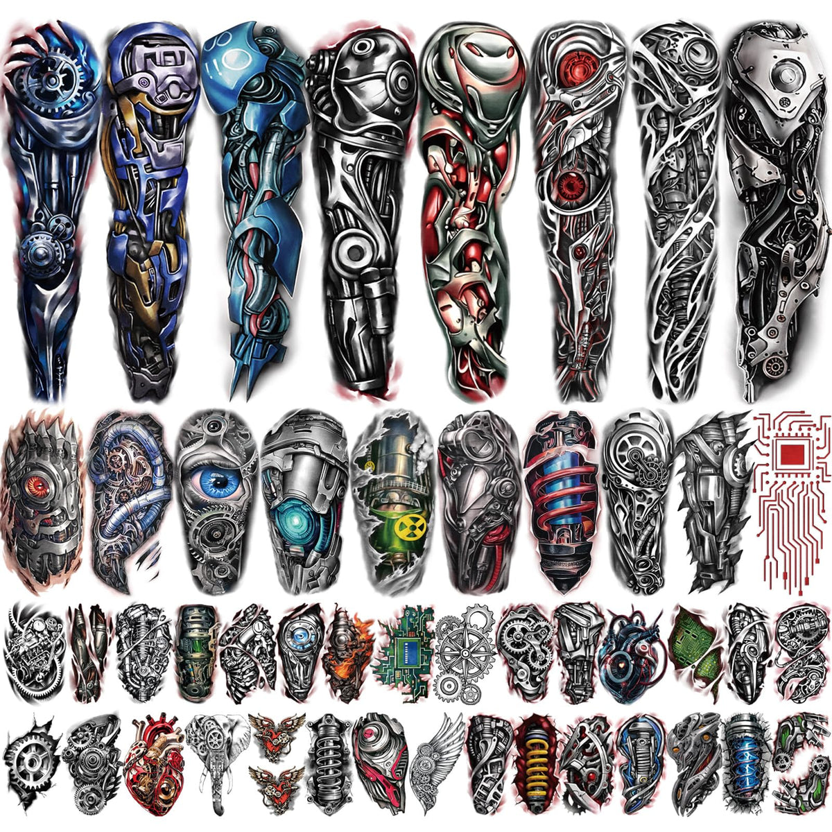 Yazhiji 48 waterproof tattoos for adults featuring a robot sleeve design, ideal for cosplay and events.