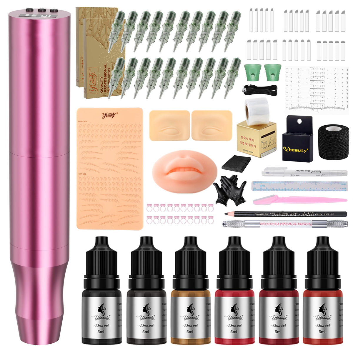 Ybeauty microblading tattoo gun kit eyebrow pen in pink with precise brow tool for clean, symmetrical strokes