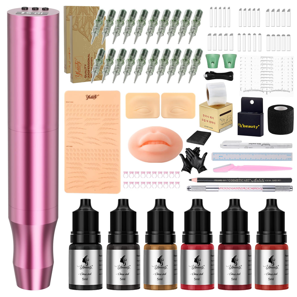 Ybeauty microblading tattoo gun kit eyebrow pen in pink with precise brow tool for clean, symmetrical strokes