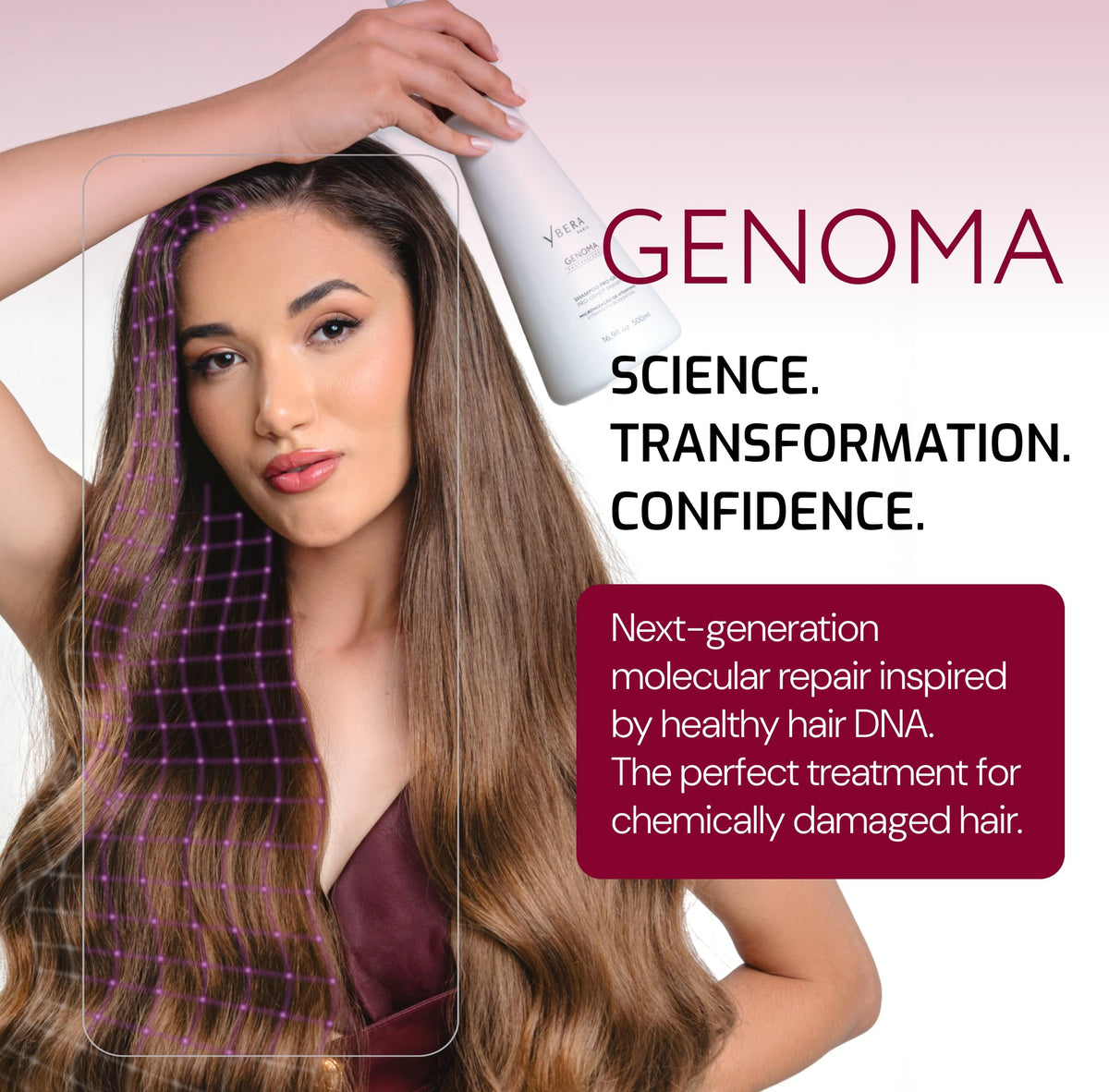 Bottle pour of Ybera Genoma Pro-Geno Shampoo in daily care routine
