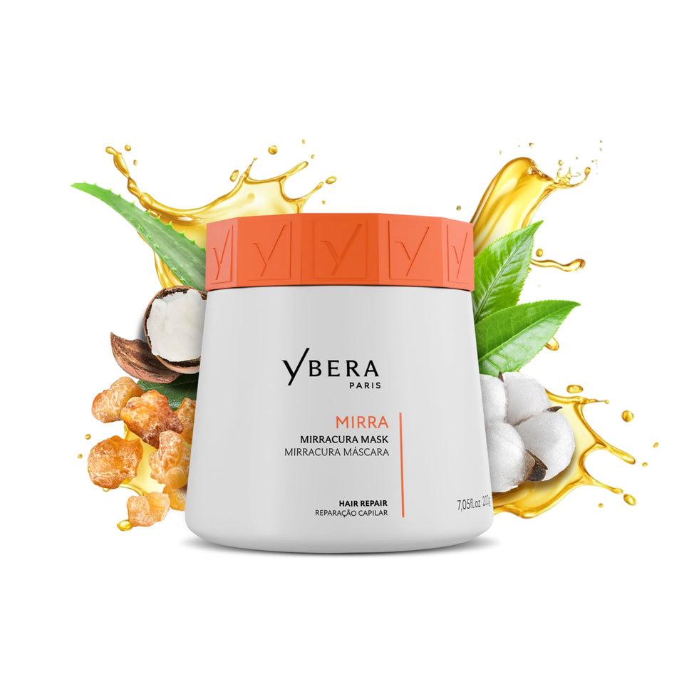 Ybera Paris Mirra Mask bottle pouring for deep conditioning on dry hair