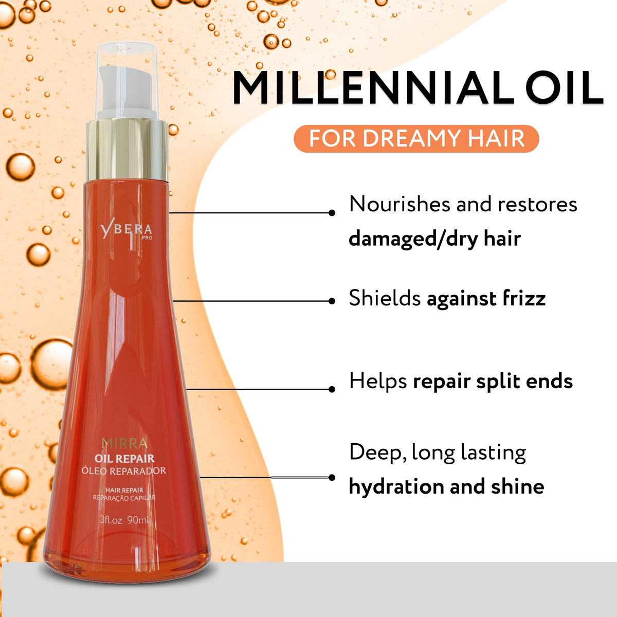 Ybera Paris Mirra Oil Repair dropper pouring signaling fast absorption and frizz control