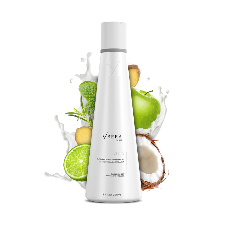 YBERA PARIS Vello shampoo bottle pouring for gentle daily cleansing