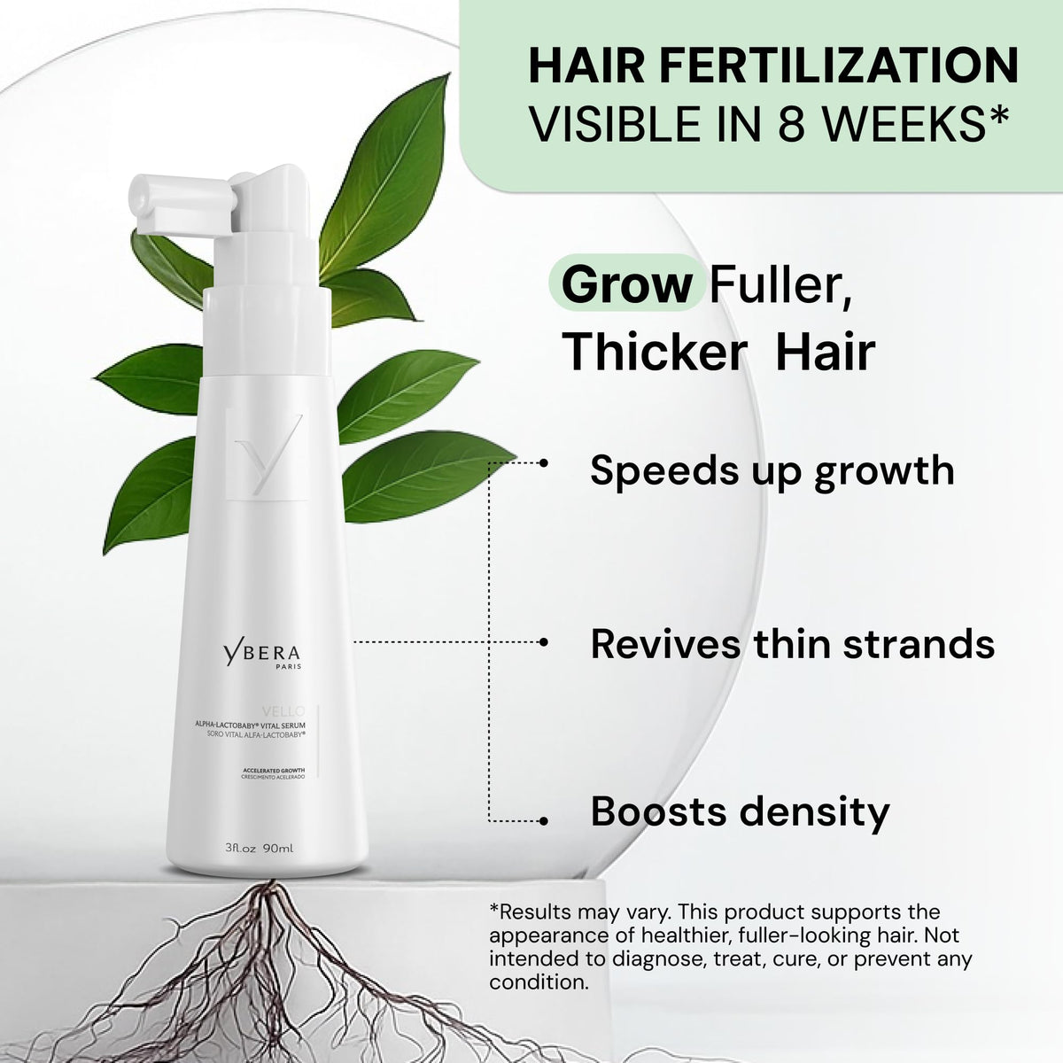 YBERA PARIS VELLO Serum bottle closeup highlights premium formula.