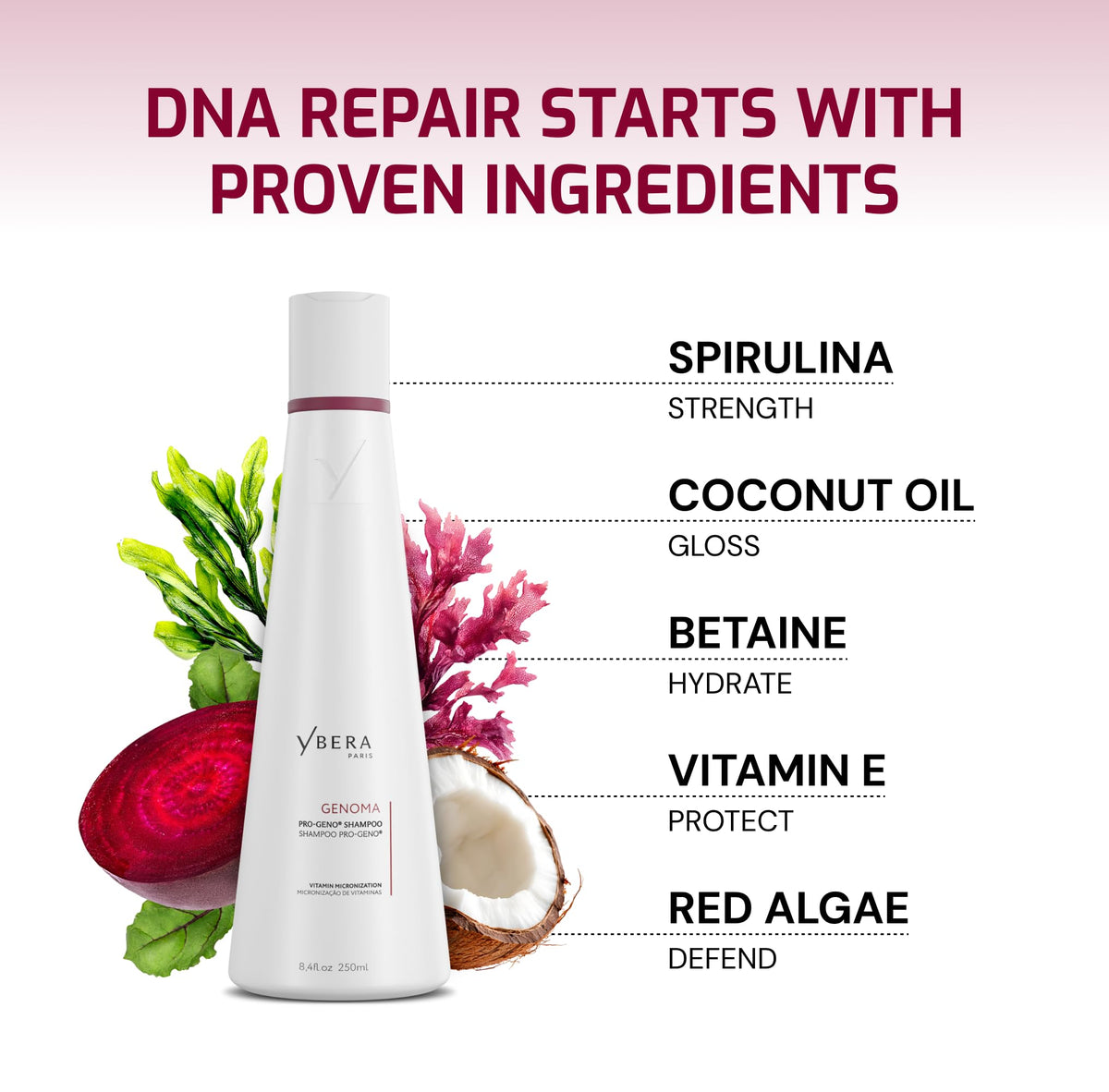 Professional packaging of Ybera Genoma Pro-Geno Shampoo signaling salon-grade results