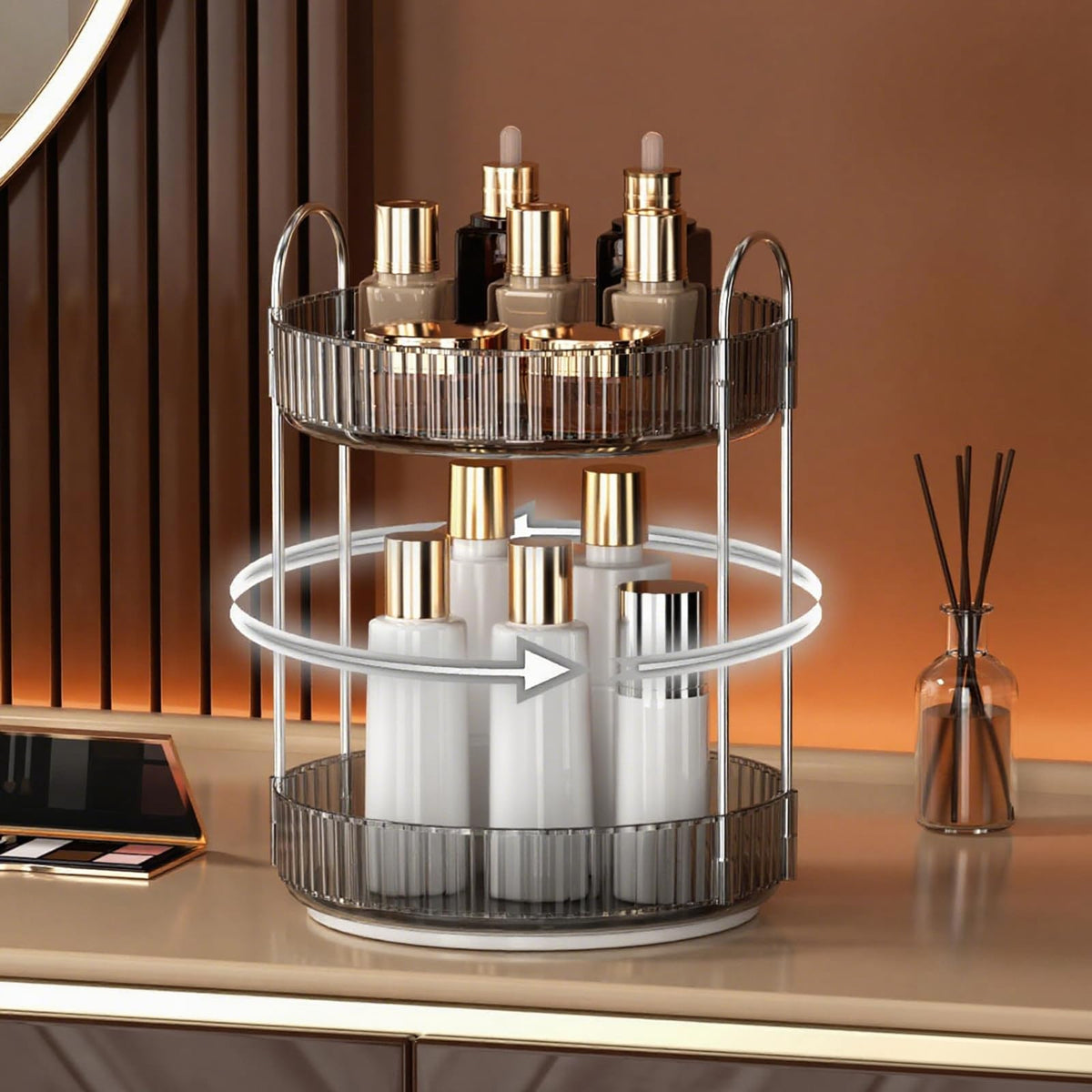 YCIA&DONE two-tier vanity storage shown on a dresser for organized cosmetics.