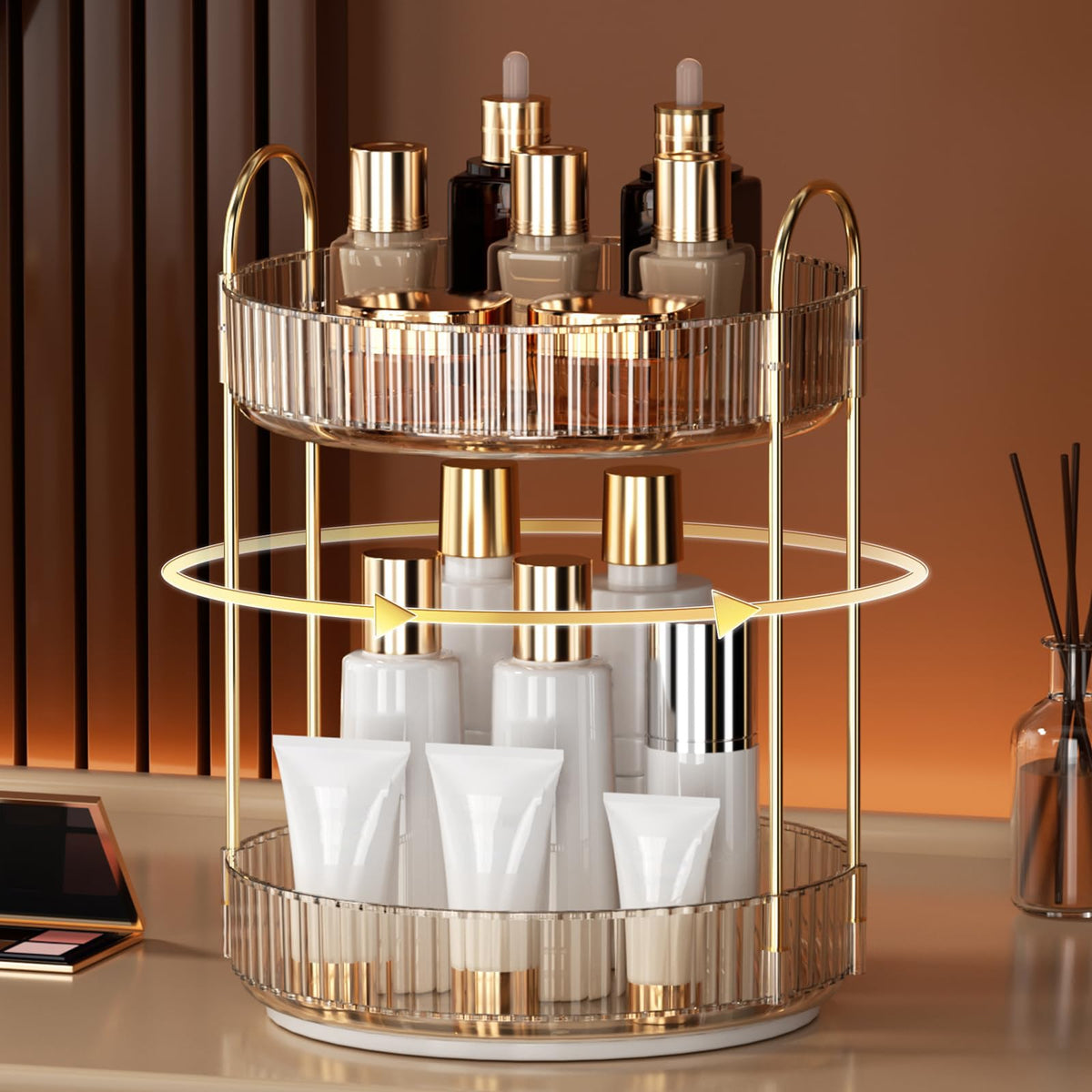 YCIA&DONE amber gold two-tier tray close-up showing luxe vanity storage