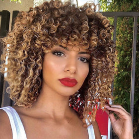 YEAME Curly Wig front view in 2-tone blonde and brown for natural blend