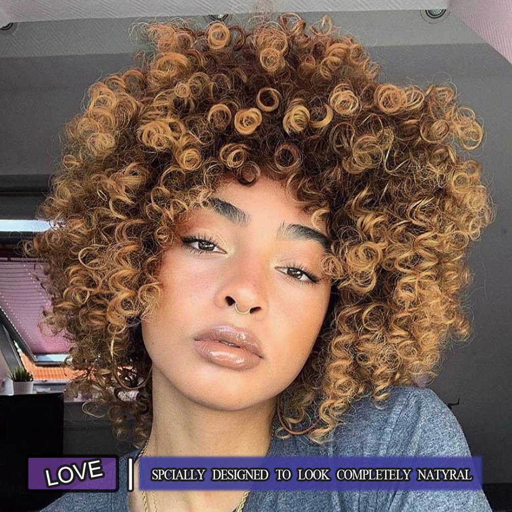 YEAME Curly Wig side view in 2-tone blonde and brown showing full volume
