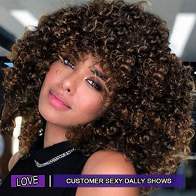 YEAME curly wig with bangs close up showing soft defined curls