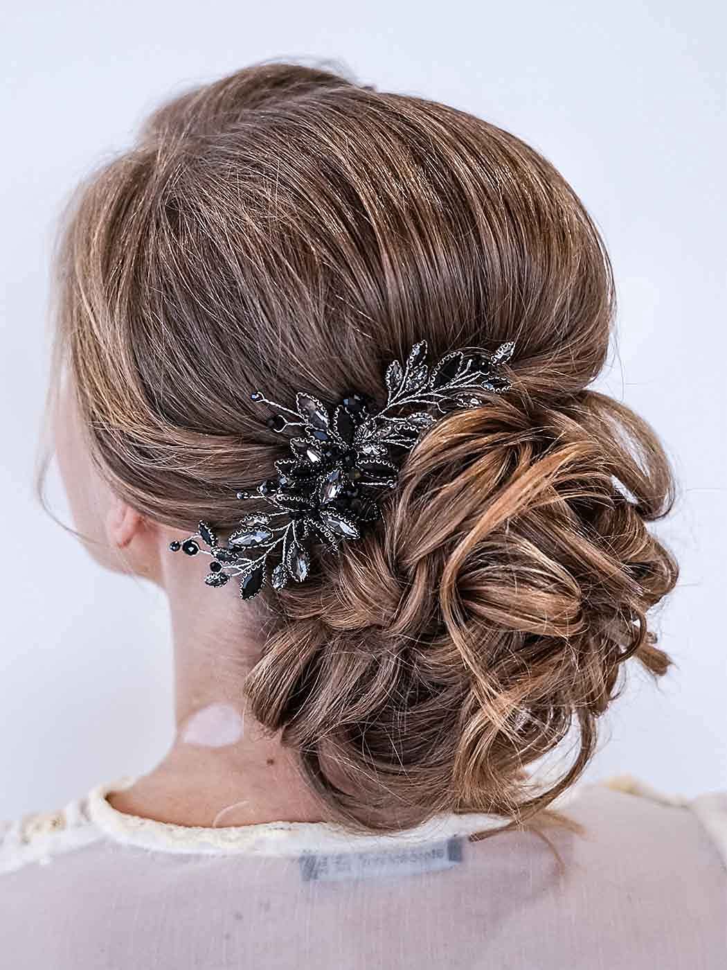 Yean baroque rhinestones and crystal accents brighten formal updos.
