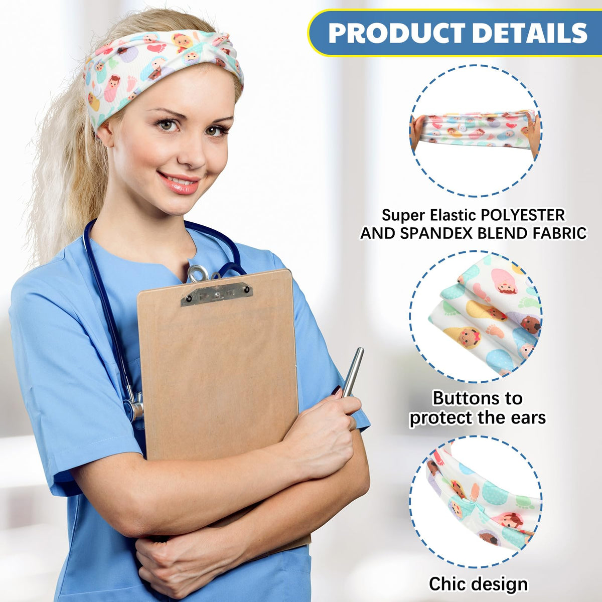 Yearntown headband with two buttons secures masks without ear strain.