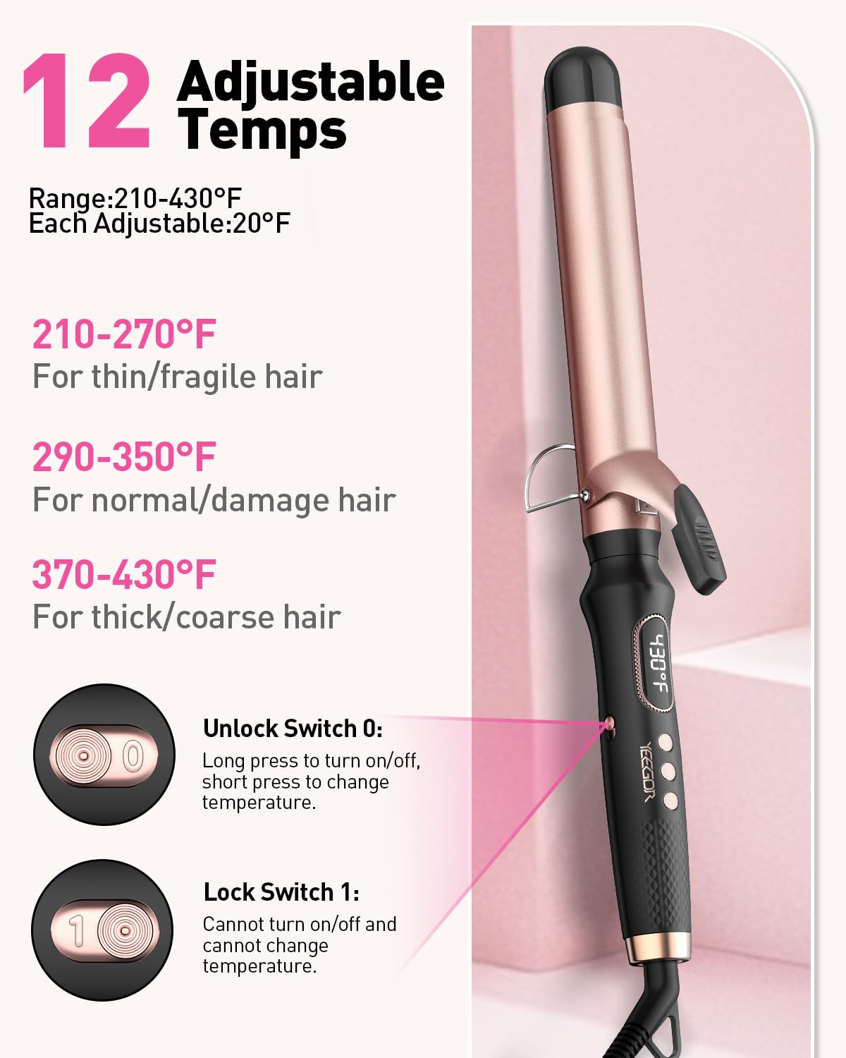 YEEGOR curling iron showing 12 heat settings for versatile styling