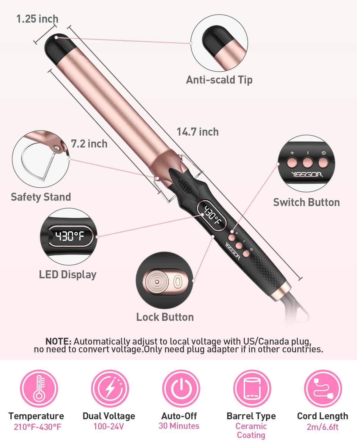 YEEGOR curling iron with 360 swivel cord and auto-off safety