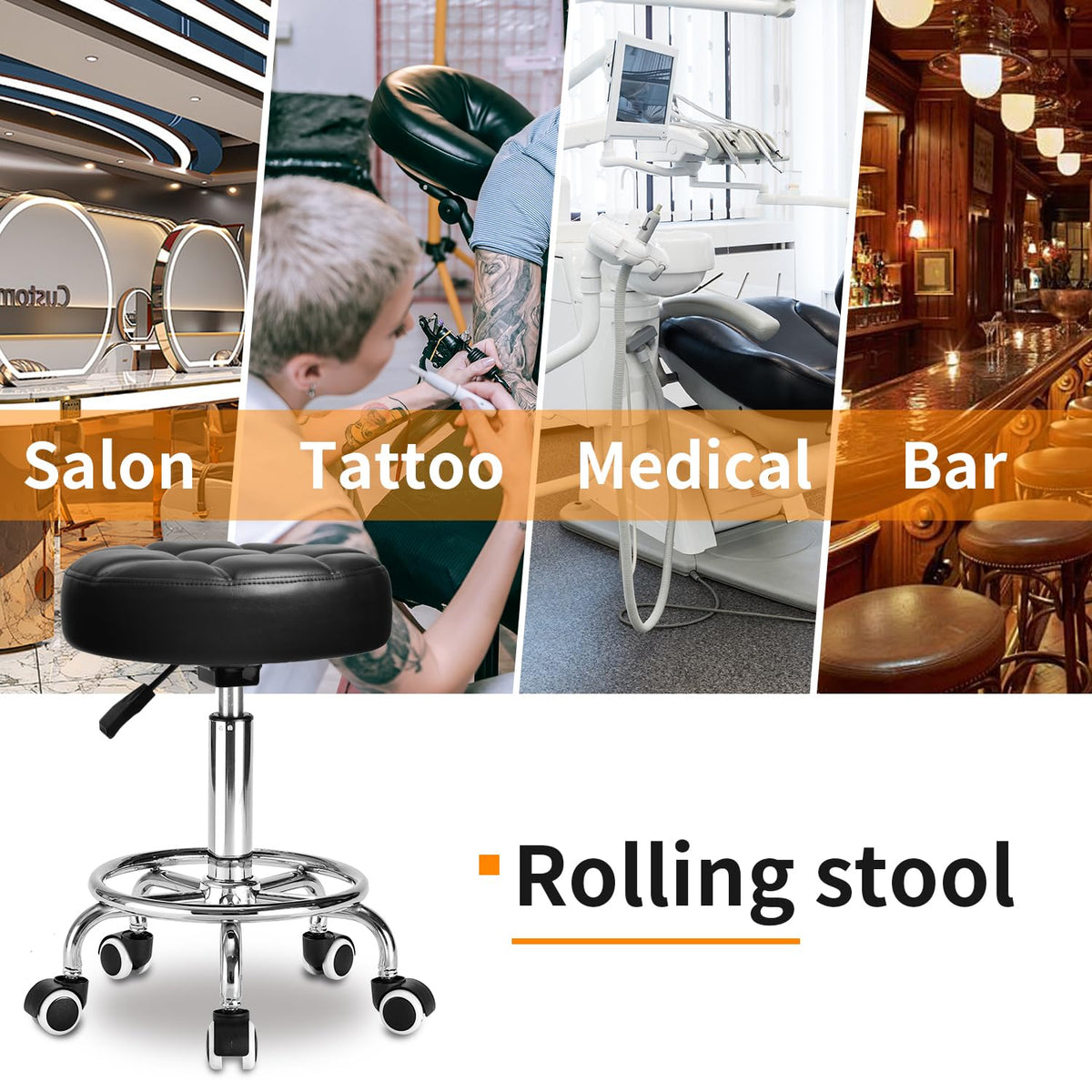 YEEZEE rolling stool four-stage gas lift for easy height adjustment.