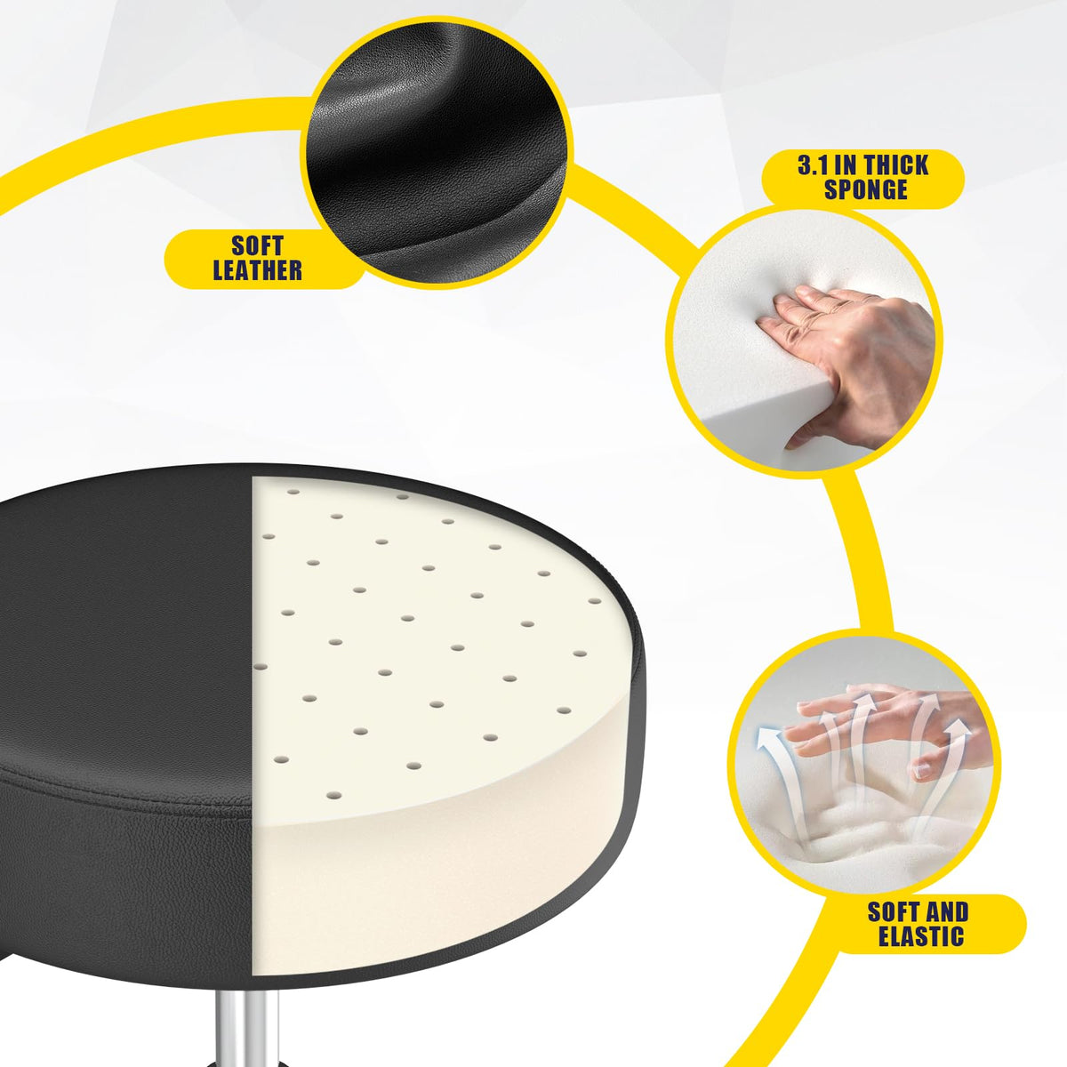 YEEZEE rolling stool features ring footrest for ergonomic foot support.