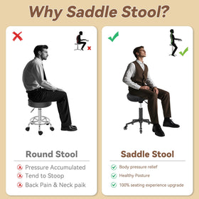 YEEZEE saddle stool cushion close-up emphasizes memory foam padding for fatigue-free seating.