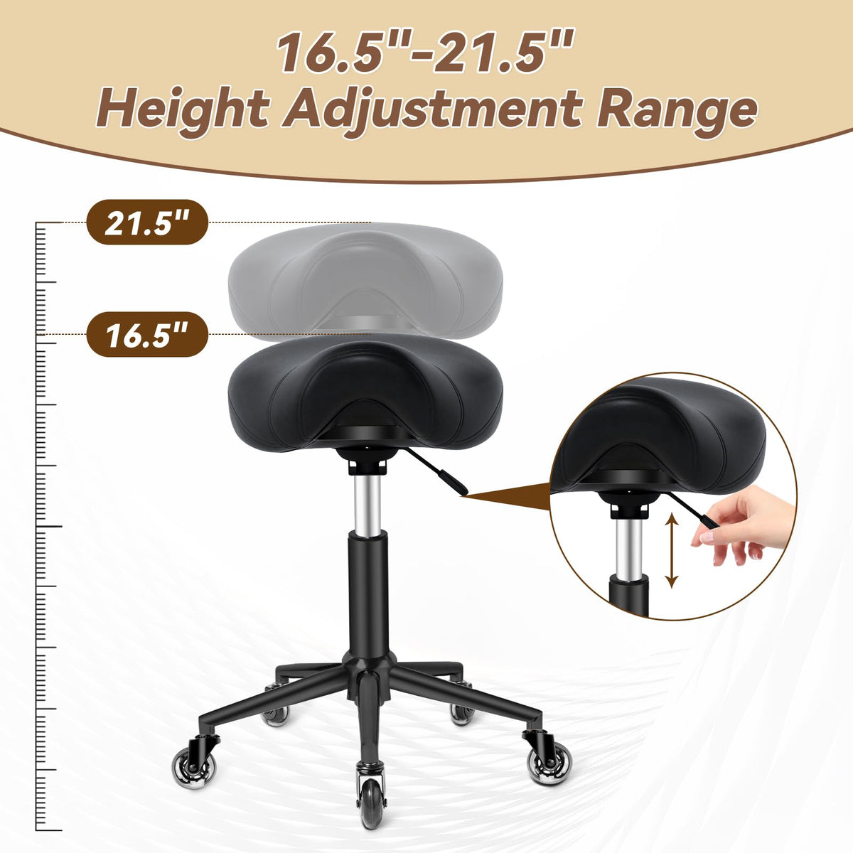 YEEZEE saddle stool height adjustment lever enables easy custom sitting height.