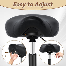 YEEZEE saddle stool in home office setup demonstrates versatile workspace seating.