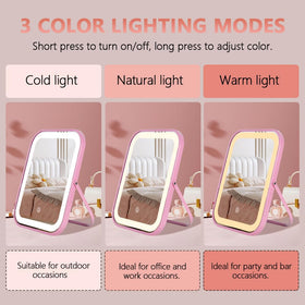 YEKKOPT pink LED makeup mirror with built-in 1200mAh battery for long use.
