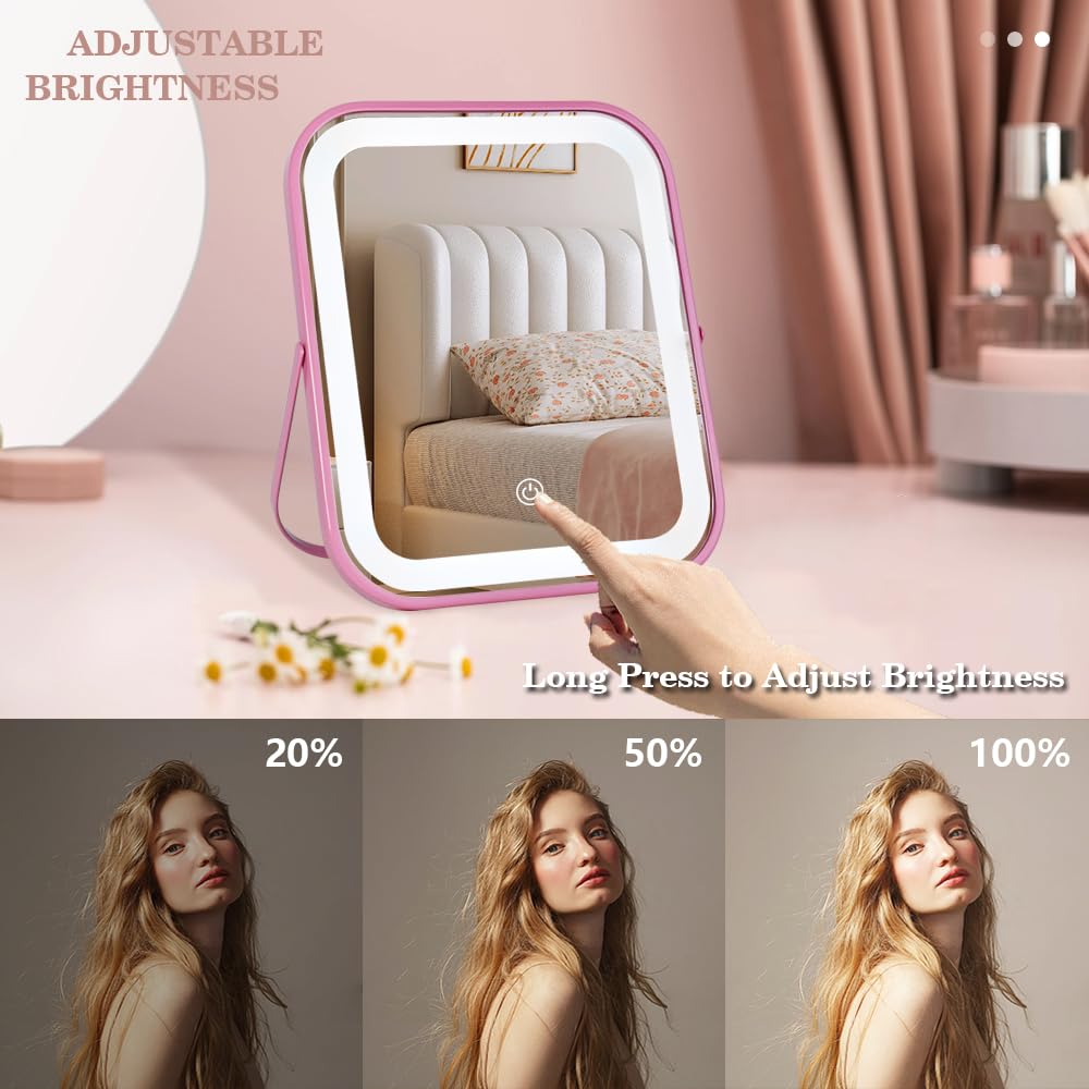YEKKOPT pink lighted vanity mirror ideal for desks, bedrooms, and gifting.