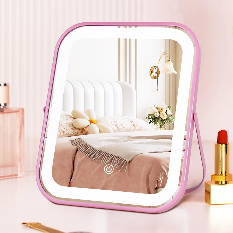 YEKKOPT pink rechargeable vanity mirror with lights for precise makeup application.