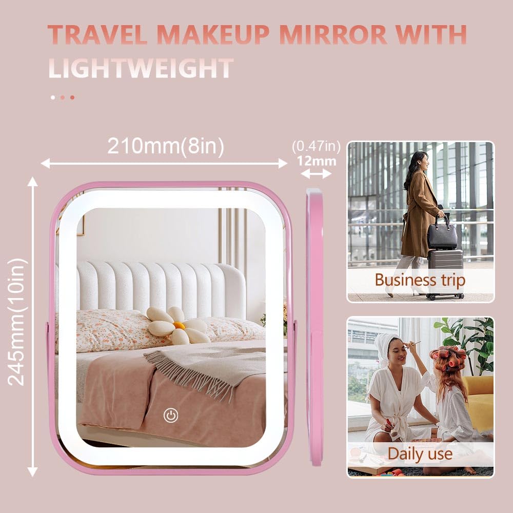 YEKKOPT pink travel foldable vanity mirror with a compact design and bag.