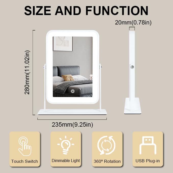 YEKKOPT vanity mirror with built-in battery for cord-free use anywhere