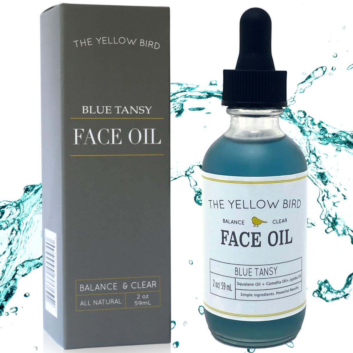 The Yellow Bird balancing blue tansy face oil bottle for lightweight hydration.