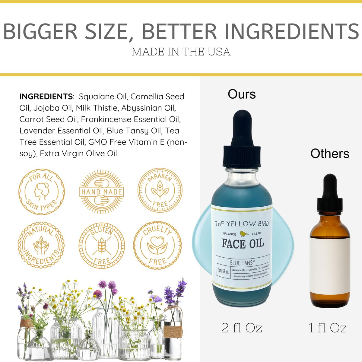 Yellow Bird blue tansy face oil dropper ready for daily skin nourishment.
