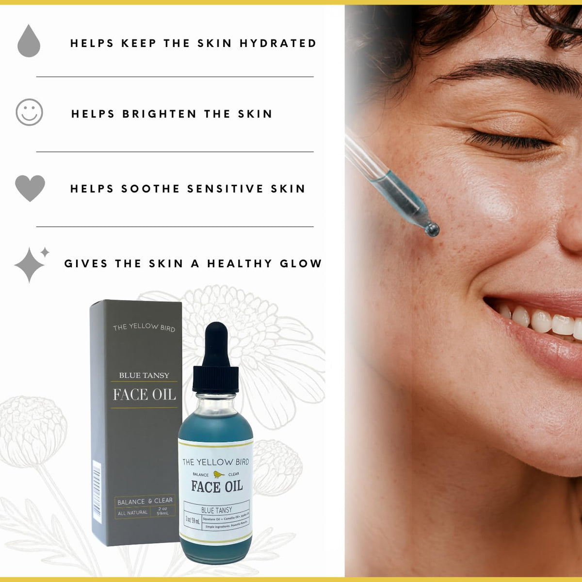 Closeup of silky texture of Yellow Bird face oil for radiant skin.