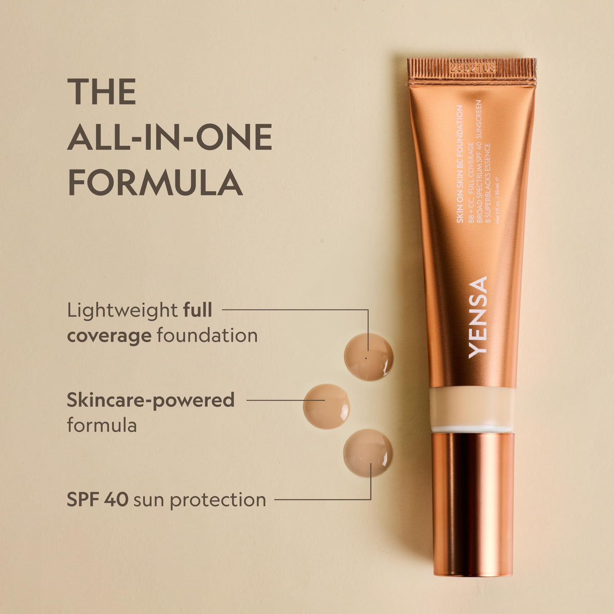 YENSA BC Foundation pump-dispense enables quick, clean makeup distribution.